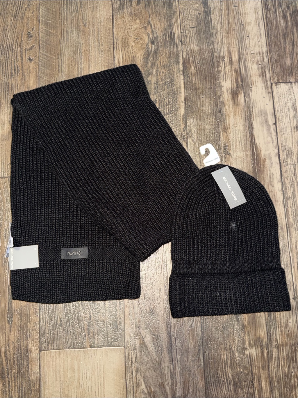 Michael Kors Black Knit Beanie And Scarf Set